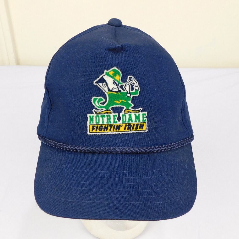 Vintage 80s Notre Dame Fightin' Irish Rope Brim Snapback Hat Navy Blue Retro